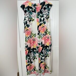 London Times Vibrant Floral Midi Dress - Pink, Green, Cream